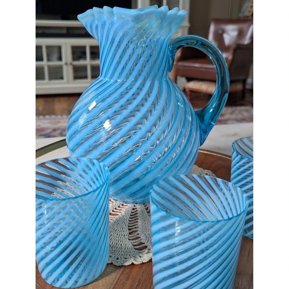 Vintage Pitcher Set Blue Hobbs Brockunier No 325 Opalescent Swirl